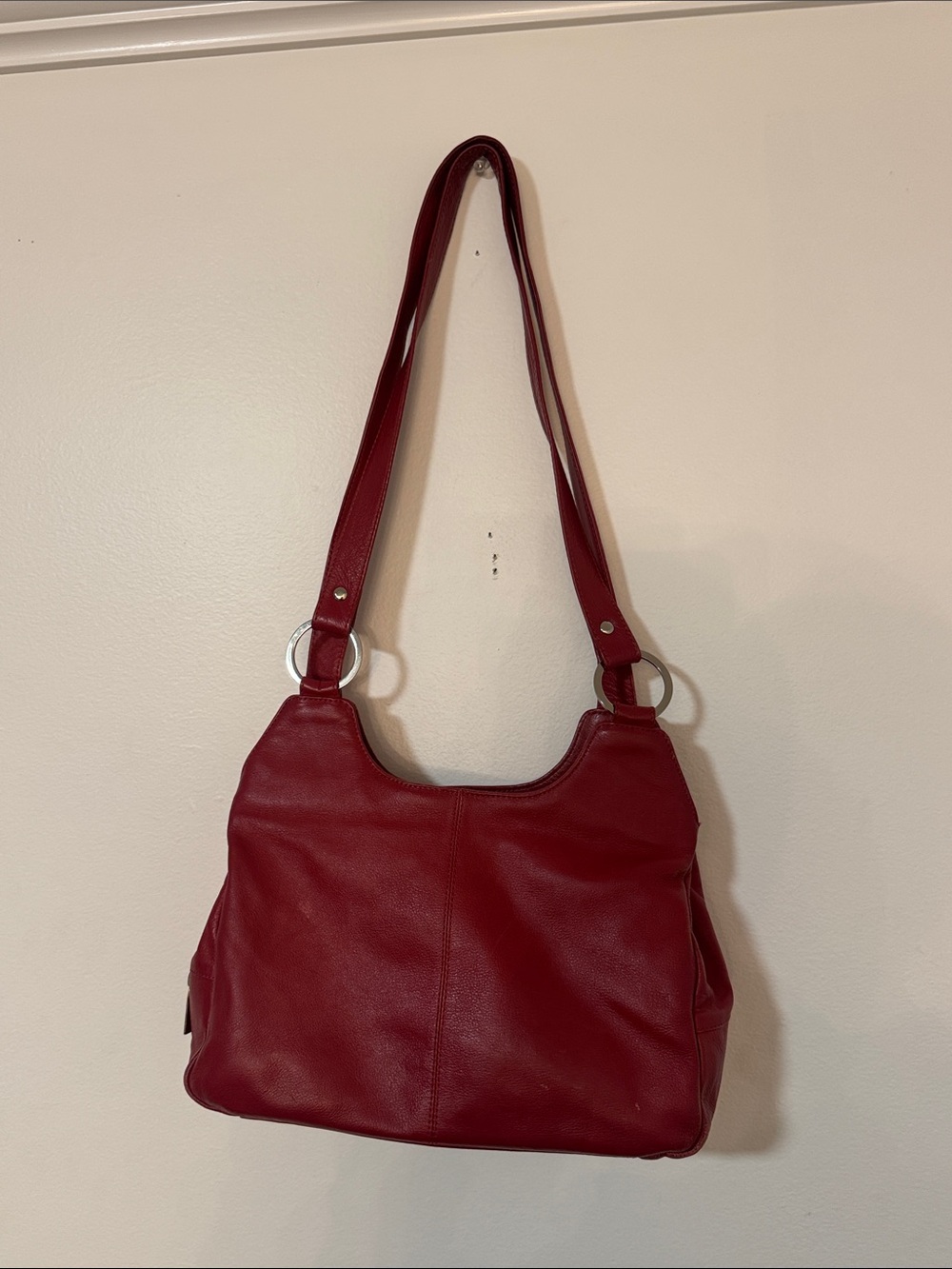 Awesome Red Leather Shoulder Bag with Ring-Detail Straps